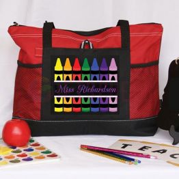 Personalized Teacher Crayons Tote Bag with Mesh Pockets Gift
