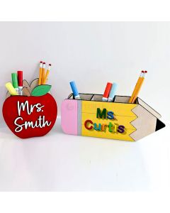 Personalized Teacher Wooden Pencil Apple Desk Pen Holder, Scissors & Pen Holder