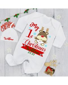 Personalized My 1st Christmas Elk Baby Grow and Hat Set Outfit