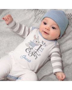 Personalized My 1st Easter Bunny Baby Romper in Blue or Pink & Grey
