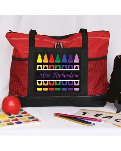 Personalized Teacher Crayons Tote Bag with Mesh Pockets Gift
