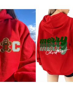 Personalized Christmas Theme Oversized Hoodie with Name Initial Chenille Patch