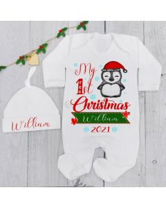 Personalized My 1st Christmas Penguin Baby Grow and Hat Set Outfit