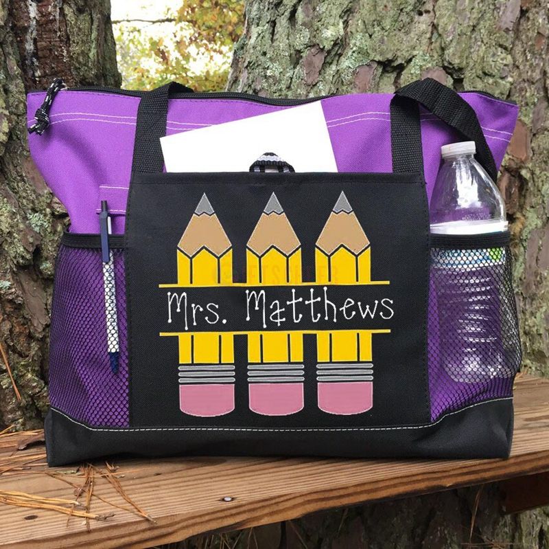 Personalized Pencil Teacher Tote, Zippered Bag, Available in 6 colors