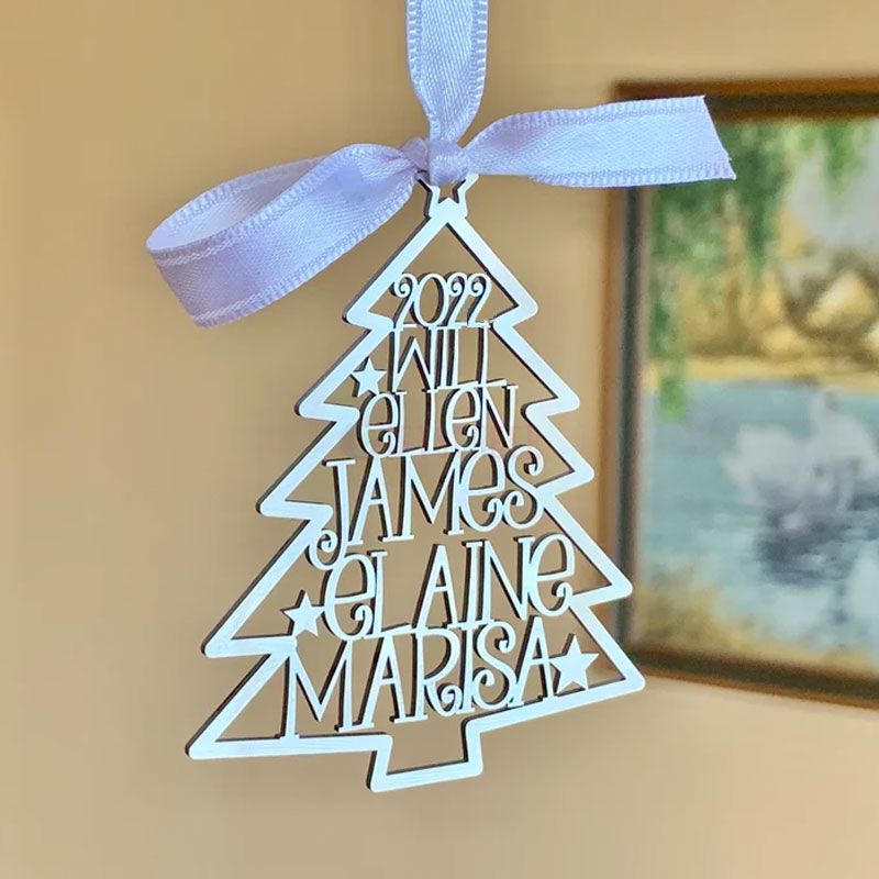 Personalized 2022 Family Names Christmas Tree Silver Ornaments