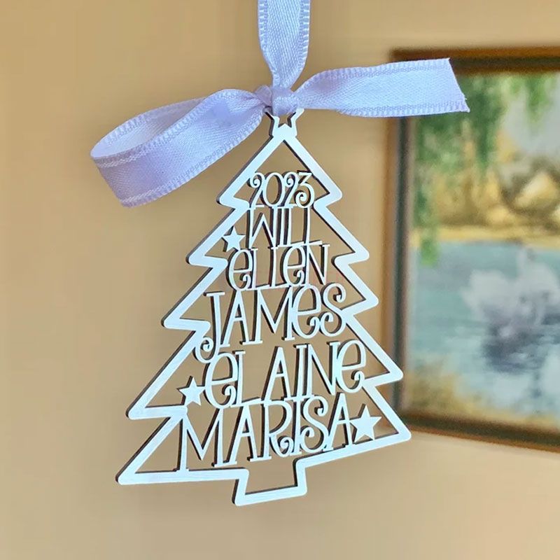 Personalized 2023 Family Names Christmas Tree Silver Ornaments